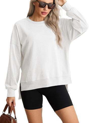 Oversized Sweatshirt for Women Casual Loose Fit Pullover Solid Color Crewneck Long Sleeve Side Slit Split Tunic Tops in Saudi Arabia