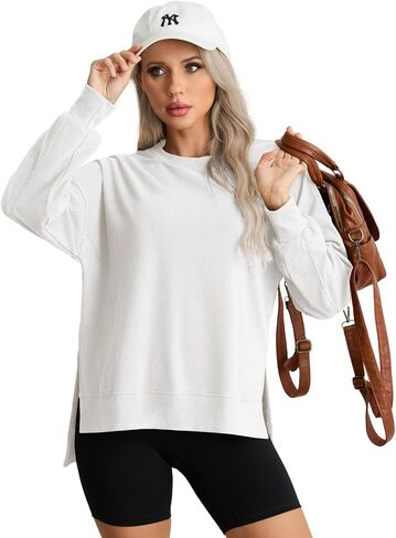 Oversized Sweatshirt for Women Casual Loose Fit Pullover Solid Color Crewneck Long Sleeve Side Slit Split Tunic Tops in Saudi Arabia