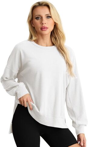 Oversized Sweatshirt for Women Casual Loose Fit Pullover Solid Color Crewneck Long Sleeve Side Slit Split Tunic Tops in Saudi Arabia