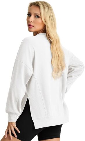 Oversized Sweatshirt for Women Casual Loose Fit Pullover Solid Color Crewneck Long Sleeve Side Slit Split Tunic Tops in Saudi Arabia