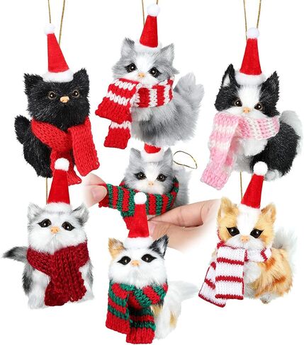 6 Sets Cat Ornaments with Colorful Scarf Kitten Ornaments Mini Tabby Cat Xmas Tree Holiday Hanging Decoration Artificial Fur Kitten Ornament with Santa Hat Scarf for Christmas Tree Decor in Saudi Arabia