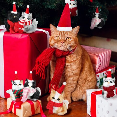 6 Sets Cat Ornaments with Colorful Scarf Kitten Ornaments Mini Tabby Cat Xmas Tree Holiday Hanging Decoration Artificial Fur Kitten Ornament with Santa Hat Scarf for Christmas Tree Decor in Saudi Arabia