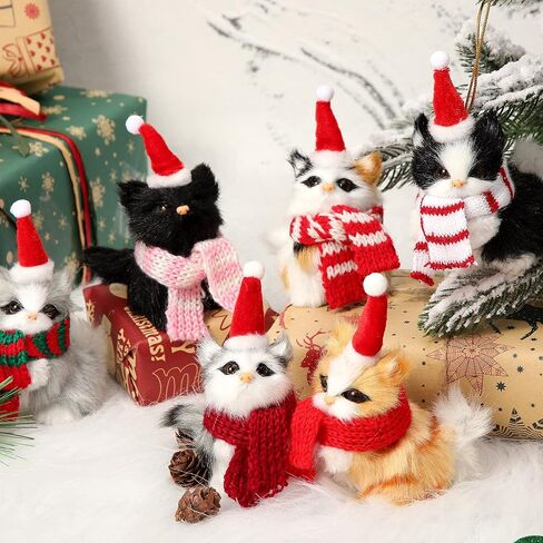 6 Sets Cat Ornaments with Colorful Scarf Kitten Ornaments Mini Tabby Cat Xmas Tree Holiday Hanging Decoration Artificial Fur Kitten Ornament with Santa Hat Scarf for Christmas Tree Decor in Saudi Arabia