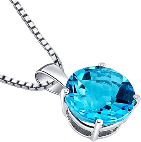 PEORA 14K الذهب الأبيض السويسري الأزرق توباز قلادة للنساء، سوليتير جوهرة الأحجار الكريمة الأصلية، شكل دائري، 8 مم، إجمالي 2.50 قيراط، درجة AAA، للهدايا والارتداء اليومي، قلادة من الأحجار الكريمة الزرقاء in Kuwait