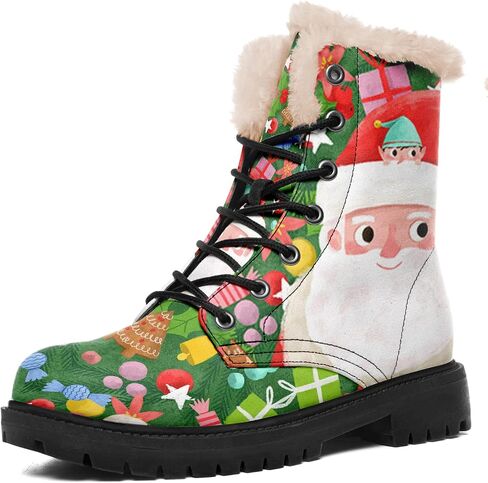 Winter Boots for Women, Custom Christmas Boots Santa Claus Print Ladies Fur Lined Lace up Ankle Boots Comfortable Warm Winter Snow Shoes Outdoor Christmas Gift in Saudi Arabia