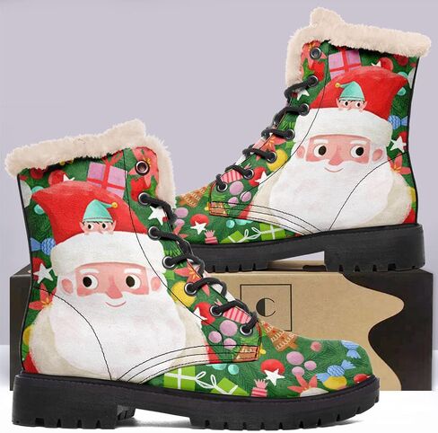 Winter Boots for Women, Custom Christmas Boots Santa Claus Print Ladies Fur Lined Lace up Ankle Boots Comfortable Warm Winter Snow Shoes Outdoor Christmas Gift in Saudi Arabia