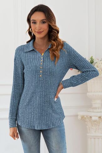 Poetsky Womens Lightweight Sweater Long Sleeve Fall Winter Button Collared Tunic Tops in Saudi Arabia