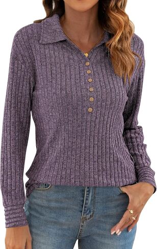 Poetsky Womens Lightweight Sweater Long Sleeve Fall Winter Button Collared Tunic Tops in Saudi Arabia