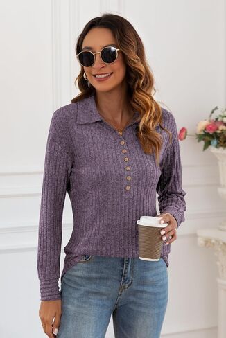Poetsky Womens Lightweight Sweater Long Sleeve Fall Winter Button Collared Tunic Tops in Saudi Arabia