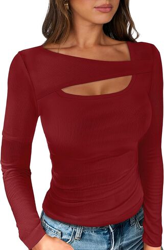 Womens Cutout Tops Trendy Sexy Long Sleeve Shirts Ribbed Slim Fit Tee 2024 Fall Fashion Going Out Tshirts Clothes in Saudi Arabia