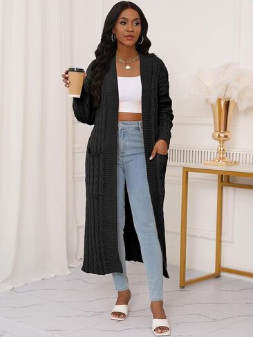 Womens Long Cardigan Sweater Open Front Long Sleeve Chunky Cable Knit Duster Outerwear Maxi 2024 Fall Jacket Coats in Saudi Arabia