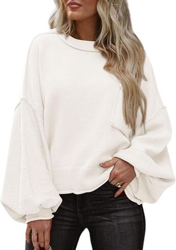 BTFBM Women's Oversized Lantern Long Sleeve Sweaters Casual Crewneck 2024 Fall Winter Outfits Ribbed Knit Pullover Tops in Kuwait