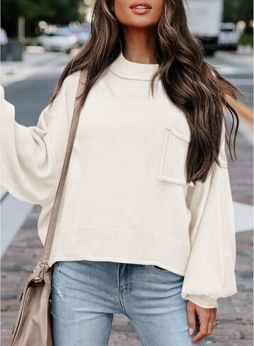 BTFBM Women's Oversized Lantern Long Sleeve Sweaters Casual Crewneck 2024 Fall Winter Outfits Ribbed Knit Pullover Tops in Kuwait