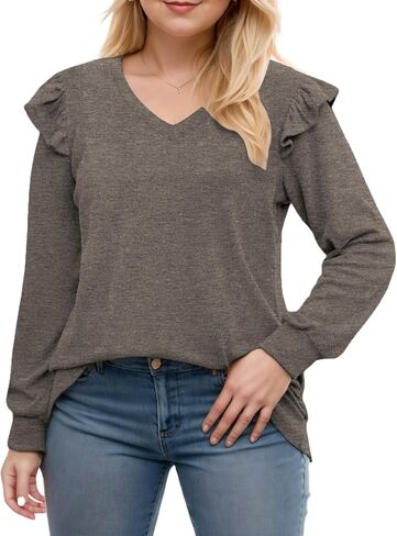 Womens-Plus-Size-Dressy-Tops Trendy V Neck Shirts Cute Ruffle Long Sleeve Blouses Casual Loose Fit Tunics XL-5XL in Kuwait