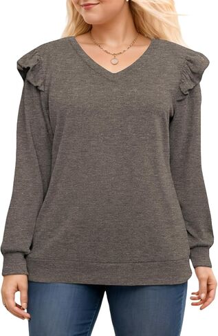 Womens-Plus-Size-Dressy-Tops Trendy V Neck Shirts Cute Ruffle Long Sleeve Blouses Casual Loose Fit Tunics XL-5XL in Kuwait