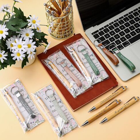 Geyoga 30 Sets Christmas Employees Appreciation Gifts Inspirational Bamboo Pens Bulk Motivational Silicone Keychains with Card and Bag for Volunteer Coworkers Thank You Gifts Office Supplies(Staff) in Saudi Arabia
