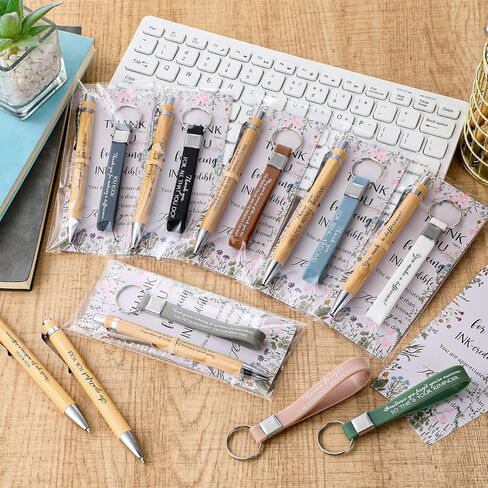 Geyoga 30 Sets Christmas Employees Appreciation Gifts Inspirational Bamboo Pens Bulk Motivational Silicone Keychains with Card and Bag for Volunteer Coworkers Thank You Gifts Office Supplies(Staff) in Saudi Arabia