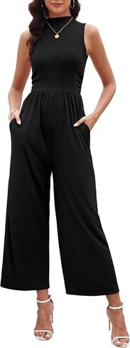 Womens Ribbed Knit Sleeveless Ruched Jumpsuits Casual Wide Leg Pants Rompers with Pockets in Kuwait