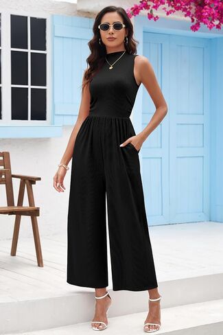 Womens Ribbed Knit Sleeveless Ruched Jumpsuits Casual Wide Leg Pants Rompers with Pockets in Kuwait