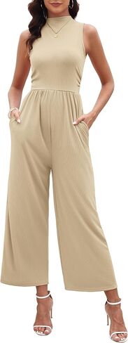 Womens Ribbed Knit Sleeveless Ruched Jumpsuits Casual Wide Leg Pants Rompers with Pockets in Kuwait