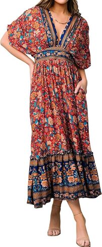 R.Vivimos Women's Summer Boho Floral Print Midi Dress Short Sleeve Deep V Neck Empire Waist Flowy Beach Dress with Pockets in Kuwait
