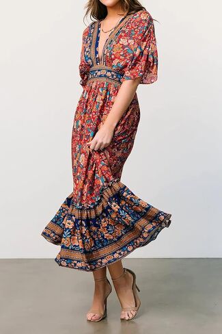 R.Vivimos Women's Summer Boho Floral Print Midi Dress Short Sleeve Deep V Neck Empire Waist Flowy Beach Dress with Pockets in Kuwait
