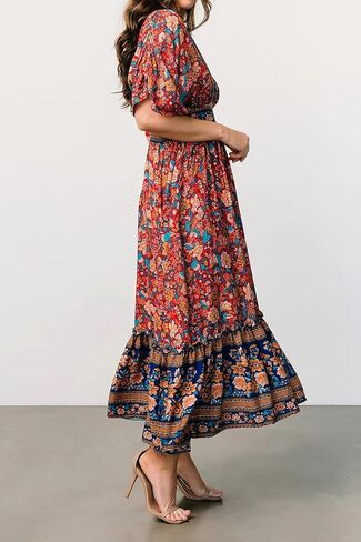 R.Vivimos Women's Summer Boho Floral Print Midi Dress Short Sleeve Deep V Neck Empire Waist Flowy Beach Dress with Pockets in Kuwait