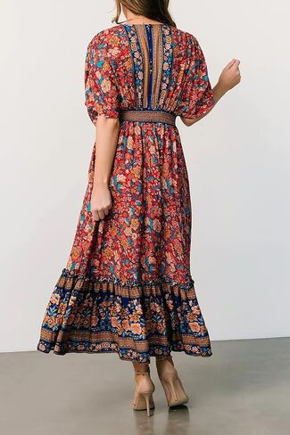 R.Vivimos Women's Summer Boho Floral Print Midi Dress Short Sleeve Deep V Neck Empire Waist Flowy Beach Dress with Pockets in Kuwait