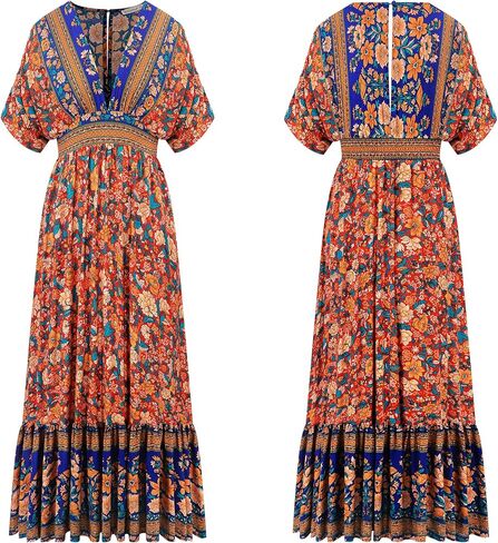 R.Vivimos Women's Summer Boho Floral Print Midi Dress Short Sleeve Deep V Neck Empire Waist Flowy Beach Dress with Pockets in Kuwait