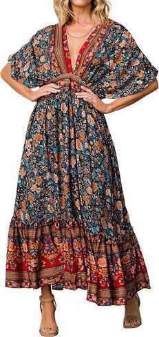 R.Vivimos Women's Summer Boho Floral Print Midi Dress Short Sleeve Deep V Neck Empire Waist Flowy Beach Dress with Pockets in Kuwait