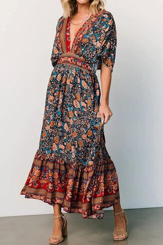 R.Vivimos Women's Summer Boho Floral Print Midi Dress Short Sleeve Deep V Neck Empire Waist Flowy Beach Dress with Pockets in Kuwait
