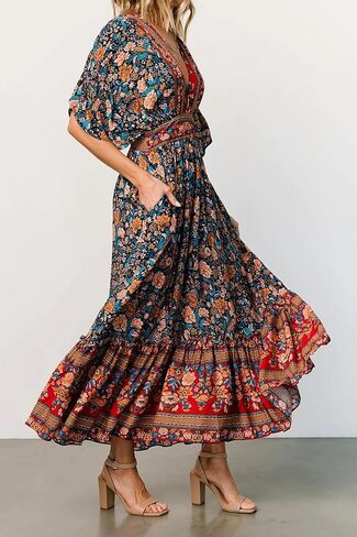 R.Vivimos Women's Summer Boho Floral Print Midi Dress Short Sleeve Deep V Neck Empire Waist Flowy Beach Dress with Pockets in Kuwait