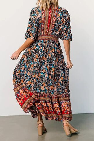 R.Vivimos Women's Summer Boho Floral Print Midi Dress Short Sleeve Deep V Neck Empire Waist Flowy Beach Dress with Pockets in Kuwait