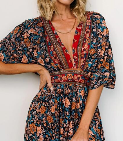 R.Vivimos Women's Summer Boho Floral Print Midi Dress Short Sleeve Deep V Neck Empire Waist Flowy Beach Dress with Pockets in Kuwait