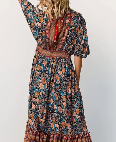 R.Vivimos Women's Summer Boho Floral Print Midi Dress Short Sleeve Deep V Neck Empire Waist Flowy Beach Dress with Pockets in Kuwait
