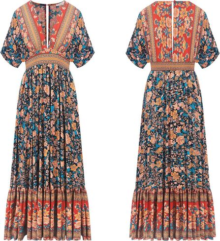 R.Vivimos Women's Summer Boho Floral Print Midi Dress Short Sleeve Deep V Neck Empire Waist Flowy Beach Dress with Pockets in Kuwait