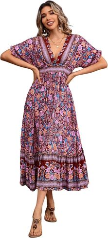 R.Vivimos Women's Summer Boho Floral Print Midi Dress Short Sleeve Deep V Neck Empire Waist Flowy Beach Dress with Pockets in Kuwait