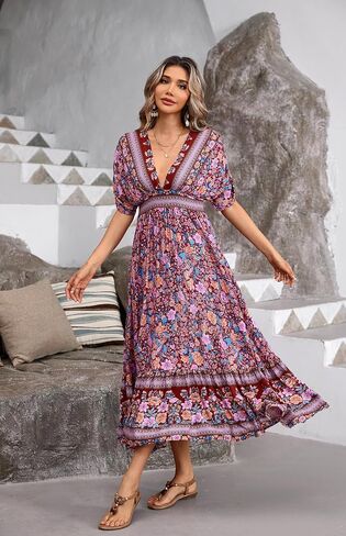 R.Vivimos Women's Summer Boho Floral Print Midi Dress Short Sleeve Deep V Neck Empire Waist Flowy Beach Dress with Pockets in Kuwait