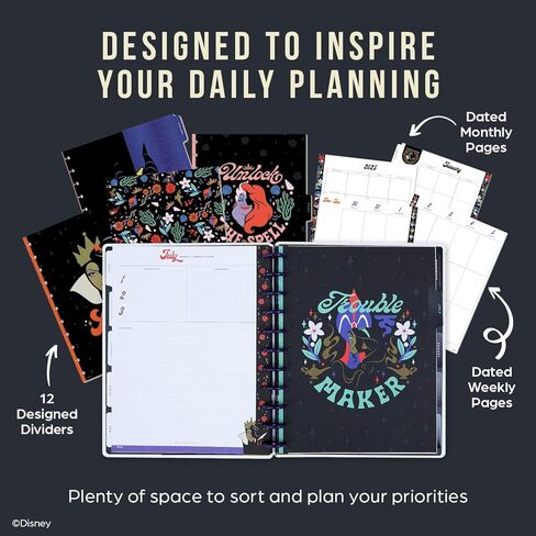 مخطط سعيد من ديزني على شكل قرص لمدة 12 شهرًا، من يناير إلى ديسمبر. 2025 مخطط يومي وأسبوعي وشهري، حجم كبير، تخطيط عمودي، ديزني الخير مقابل الشر، 12 مقسم، 8.5 × 11 بوصة in Kuwait