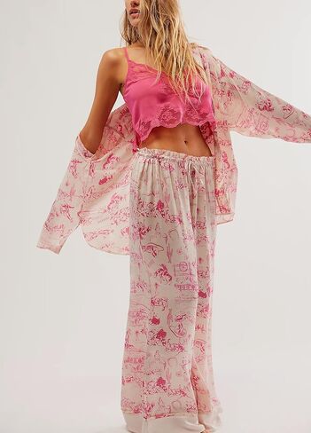 المرأة الحرير الساتان الأزهار منامة 2 قطعة واسعة الساق بنطلون طويل وواسع Pjs كم طويل زر أسفل Coquette بيجامة قميص مجموعة in Kuwait