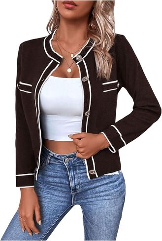GORGLITTER Women's Color Block Button Up Cardigan Sweaters Vintage Lightweight Cropped Cardigan Elegant Knit Fall Tops in Saudi Arabia