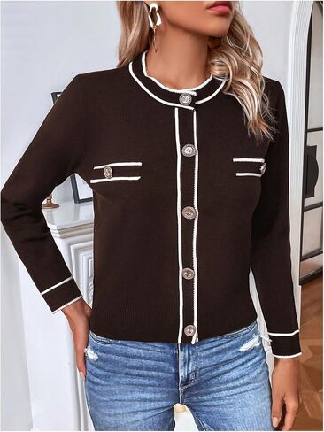 GORGLITTER Women's Color Block Button Up Cardigan Sweaters Vintage Lightweight Cropped Cardigan Elegant Knit Fall Tops in Saudi Arabia