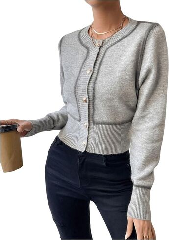 GORGLITTER Women's Contrast Piping Button Down Crop Cardigan Long Sleeve Crewneck Knit Top in Saudi Arabia