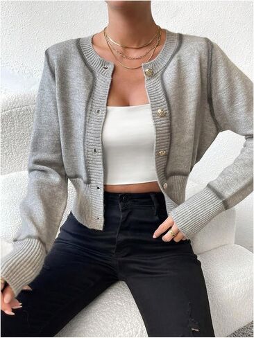 GORGLITTER Women's Contrast Piping Button Down Crop Cardigan Long Sleeve Crewneck Knit Top in Saudi Arabia