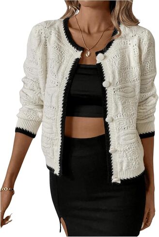 GORGLITTER Women's Hollow Out Button Down Cardigan Contrast Trim Long Sleeve Crewneck Sweater in Saudi Arabia