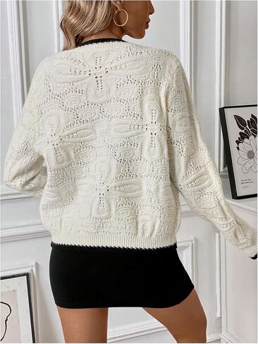 GORGLITTER Women's Hollow Out Button Down Cardigan Contrast Trim Long Sleeve Crewneck Sweater in Saudi Arabia