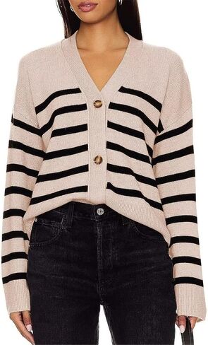 Dressmine Womens Fleece V Neck Button Down Striped Cardigan Sweaters Fall Clothes Open Front Knit Outerwear in Saudi Arabia