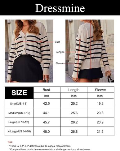 Dressmine Womens Fleece V Neck Button Down Striped Cardigan Sweaters Fall Clothes Open Front Knit Outerwear in Saudi Arabia