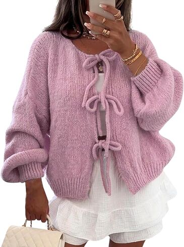 Wyeysyt المرأة التعادل الجبهة القوس سترة البلوزات المتضخم مكتنزة سترة متماسكة طويلة الأكمام مفتوحة الجبهة فضفاضة تريكو القوس القمم in Kuwait