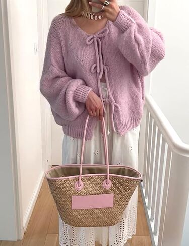 Wyeysyt المرأة التعادل الجبهة القوس سترة البلوزات المتضخم مكتنزة سترة متماسكة طويلة الأكمام مفتوحة الجبهة فضفاضة تريكو القوس القمم in Kuwait